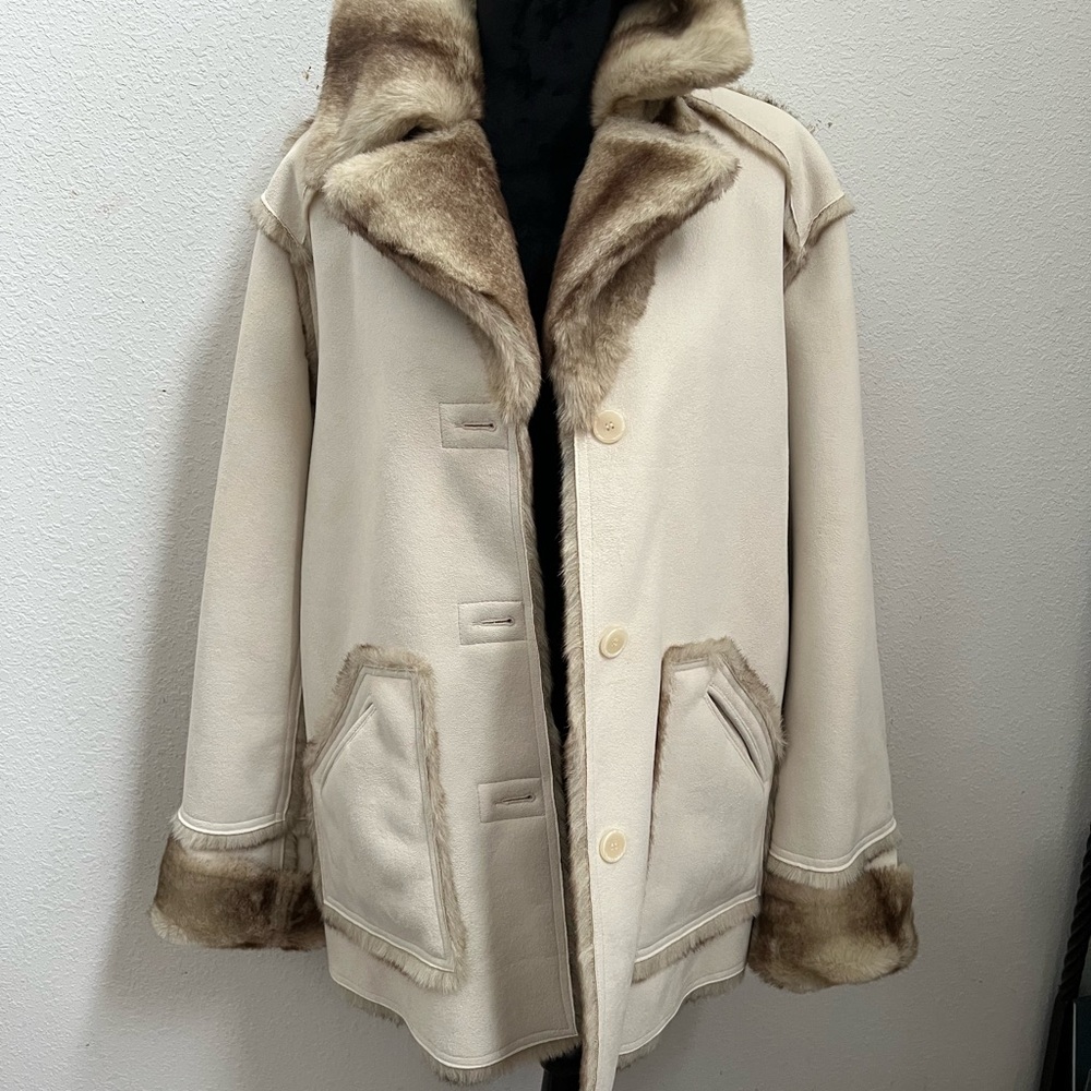 Dennis Basso Reversible Cream Coat with Brown Fur Details